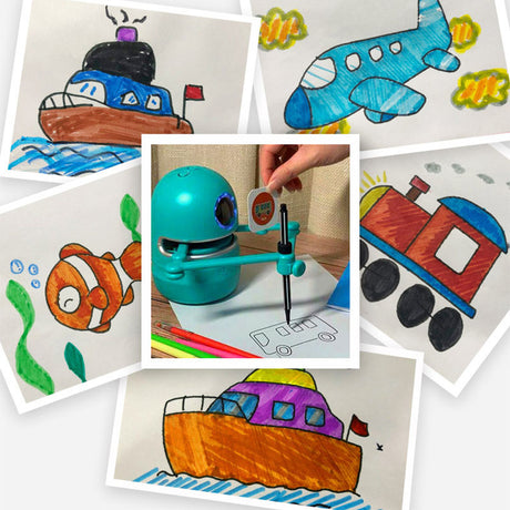Drawing robot surrounded by coloured drawings of boats, a plane, train and fish