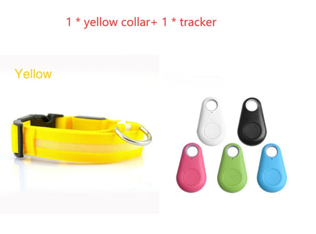 Yellow LED dog collar beside five tracker colour options