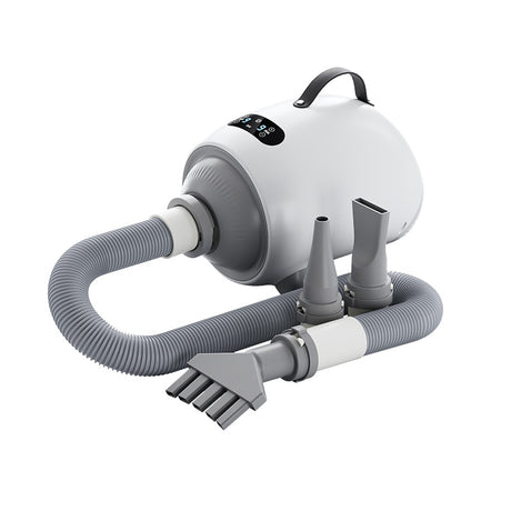 White Smart Pet Hair Dryer for Dogs with grey hose and three nozzle attachments