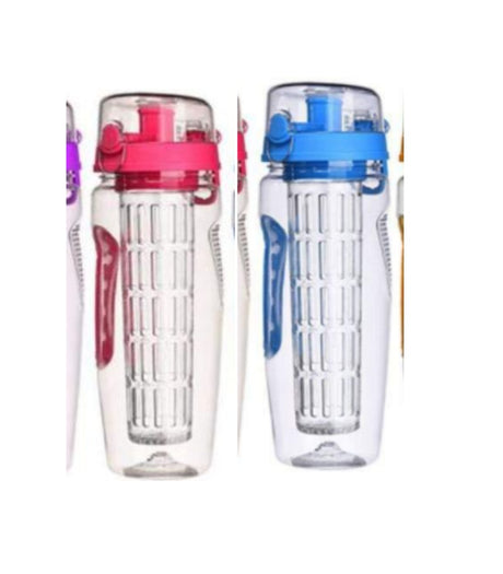 Two clear infuser water bottles with pink and blue lids