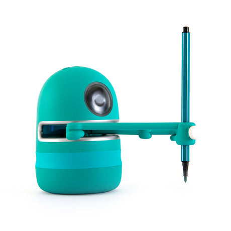 Side view of turquoise drawing robot with extended arm holding a blue pen