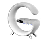 White G-Shaped LED Lamp, front angle, with digital display, buttons and silver legs