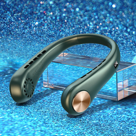 Green rechargeable neck fan with gold side button on blue glitter surface
