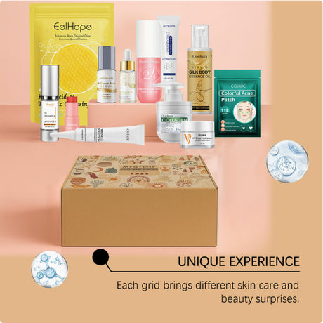Mystery beauty box with assorted products and bubble graphics
