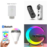 Collage of thermostat, doorbells, Bluetooth bulb graphic and multicolour G-shaped lamp