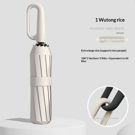 Closed folding umbrella with ring handle and close-up handle detail