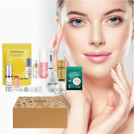 Assorted beauty products and mystery box beside a model face