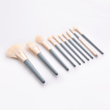 Ten makeup brushes laid diagonally with blue handles and pale bristles