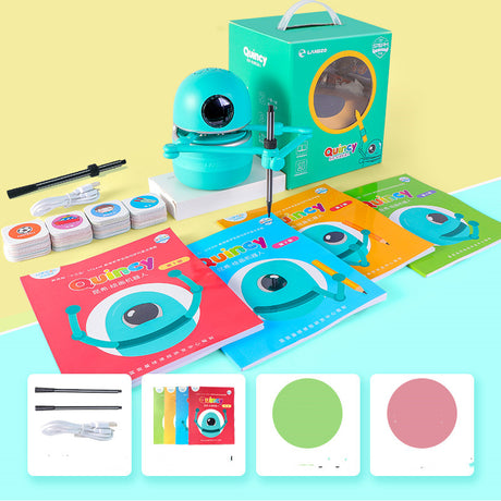 Kids’ Drawing Robot displayed with green box, books, cards, cable and pens