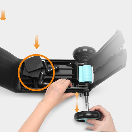 Underside of scooter with rear wheel adjustment and circled footrests