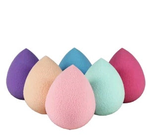Six teardrop Makeup Sponge Puffs in purple, beige, pink, blue, mint and rose
