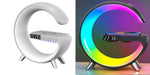 Split view of white unlit and dark grey multicolour G-shaped LED lamps