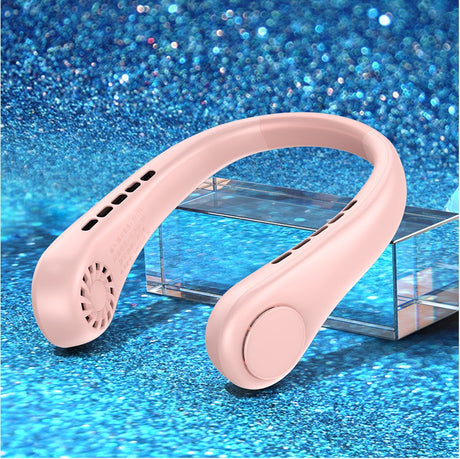 Pink neck fan on a blue glitter surface with clear display stand