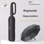 Closed folding umbrella beside an open dark canopy with ring handle