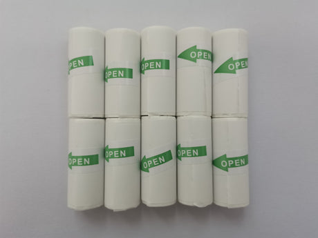 Ten white paper rolls arranged in two rows with green OPEN labels