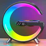Dark grey multicolour G-shaped lamp with clock, phone shelf and red “3pcs” text