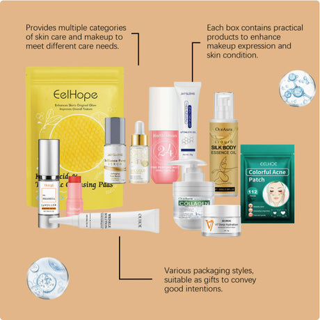 Assorted skincare and makeup products with callout text on a beige background