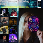 Person holding lit mask with colourful pattern beside masked usage thumbnails