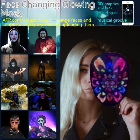 Person holding lit mask with colourful pattern beside masked usage thumbnails