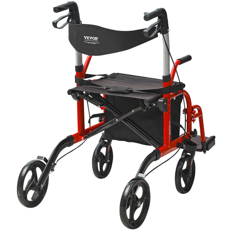 Red and black 2-in-1 rollator walker and transport chair, angled front view
