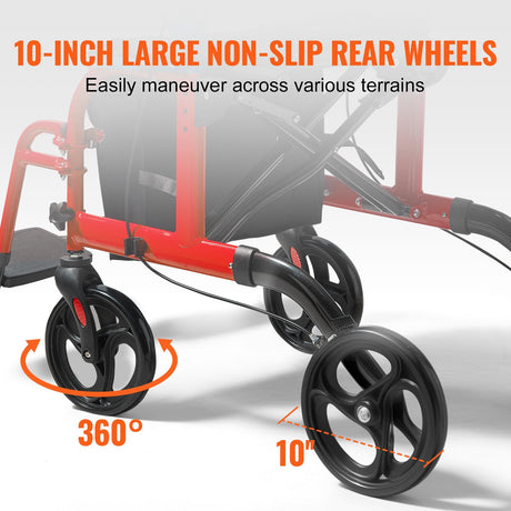 Wheel close-up showing 360-degree swivel and 10-inch wheel label