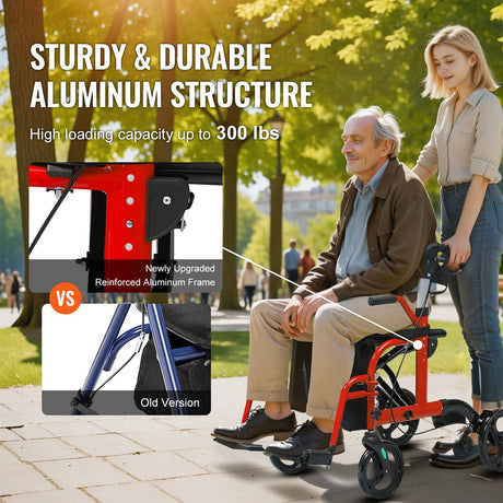Park scene with red transport chair and aluminium frame comparison insets