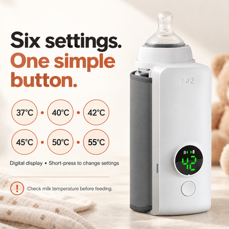 Bottle warmer beside a round display close-up and front-button detail, with a bottle shown at the top.