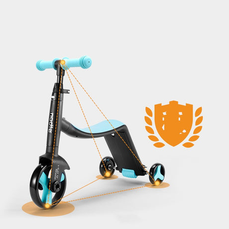 Black and blue scooter with orange diagram lines and highlighted wheel points
