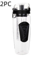 Clear fruit infuser bottle with black lid, side grip and 2PC text