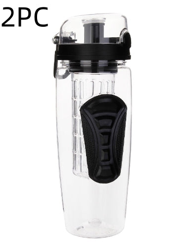 Clear fruit infuser bottle with black lid, side grip and 2PC text