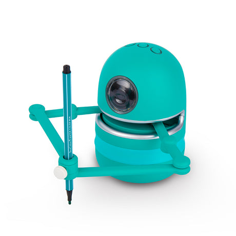 Turquoise Kids’ Drawing Robot with side arm holding a blue marker