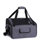 Grey pet travel carrier with black straps, mesh panels and front pocket