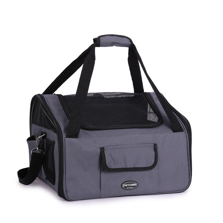 Grey pet travel carrier with black straps, mesh panels and front pocket