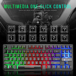 Mechanical keyboard with rainbow backlighting below multimedia hotkey control diagram