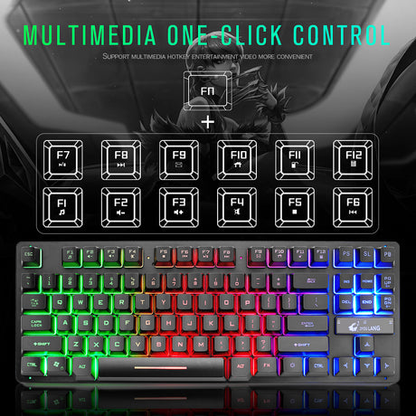 Mechanical keyboard with rainbow backlighting below multimedia hotkey control diagram
