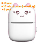 Pink mini printer with text listing ten non-sticky rolls and five pens