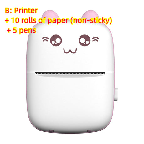 Pink mini printer with text listing ten non-sticky rolls and five pens