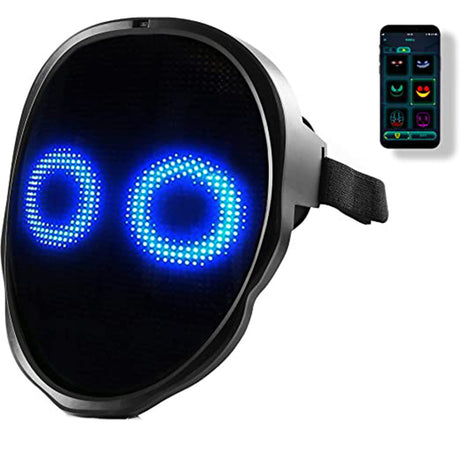 Angled black LED Halloween Face Mask with blue ring eyes, rear strap and phone app inset