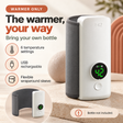 White bottle warmer with a grey sleeve and round digital display, with an inset showing the sleeve opened flat.