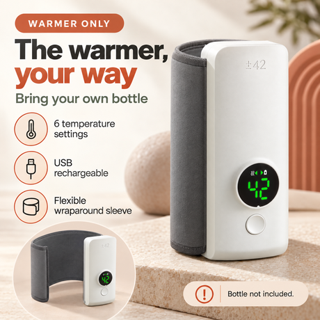 White bottle warmer with a grey sleeve and round digital display, with an inset showing the sleeve opened flat.