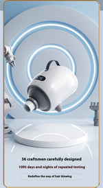 White pet hair dryer body shown above a round plinth and blue circular backdrop