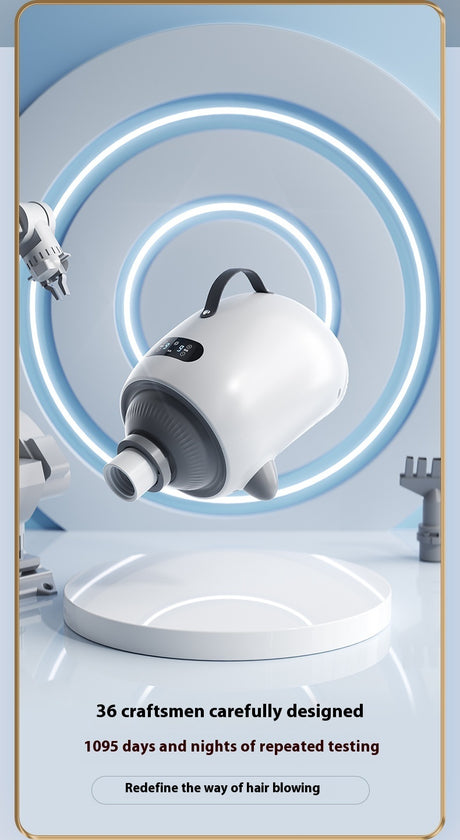 White pet hair dryer body shown above a round plinth and blue circular backdrop