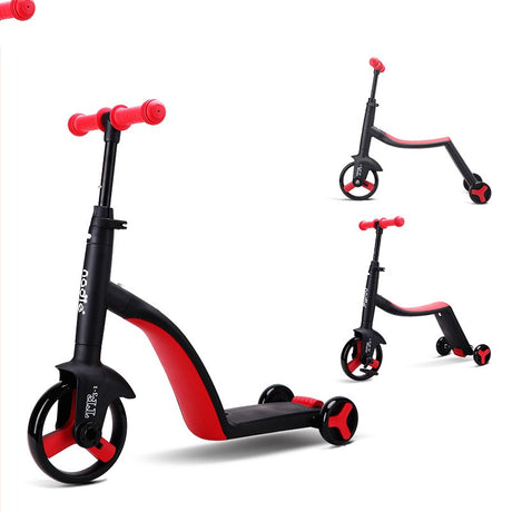 Black and red three-wheel scooter shown from front and side angles