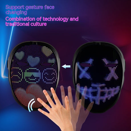 Two lit face masks with hand gesture and arrow between changing designs