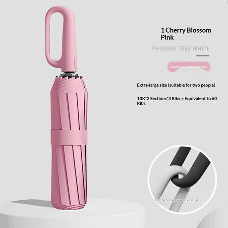 Closed folding umbrella with ring handle and close-up handle detail