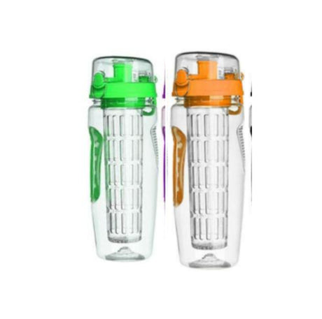 Two clear infuser water bottles with green and orange lids