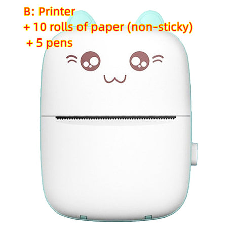 Blue mini printer with text listing ten non-sticky rolls and five pens