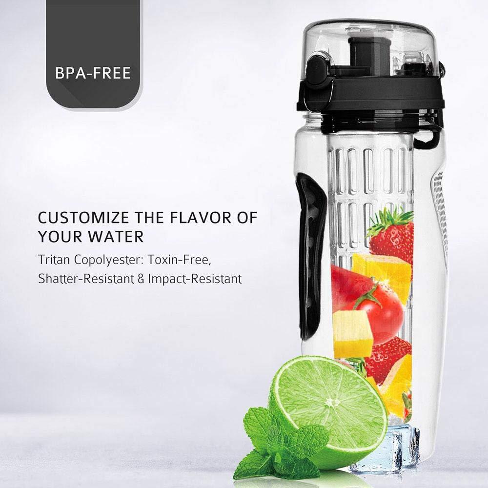 Black-lidded fruit infuser bottle beside lime, mint and flavour customisation text