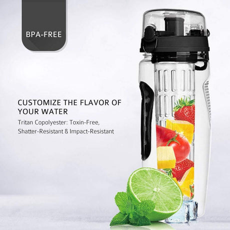 Black-lidded fruit infuser bottle beside lime, mint and flavour customisation text