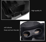 Rear detail views showing black strap, fastening patch and eye openings